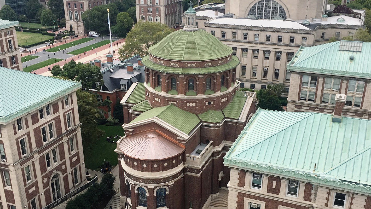 An aerial shot of St. Paul's Chapel showcasing the new roof replacement