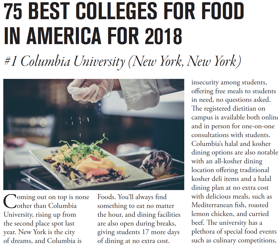 Screenshot of article that reads "75 Best Colleges for Food in America for 2018: #1 Columbia University" with a photo of a chef sprinkling cheese on a dish, and a story about Columbia underneath