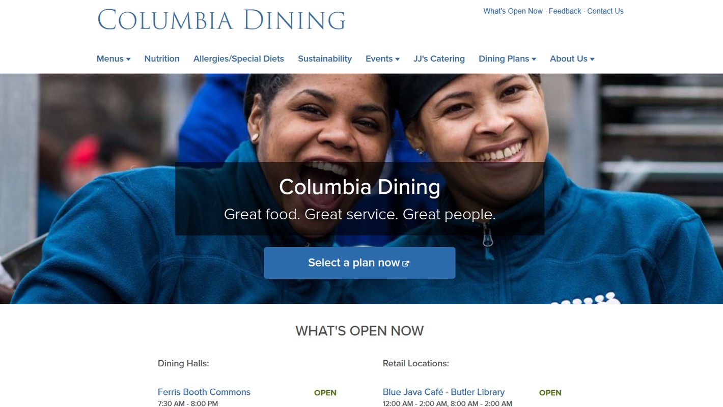 Screenshot of new Columbia Dining website, with a photo of two smiling Columbia Dining employees, and a Dining schedule on the bottom