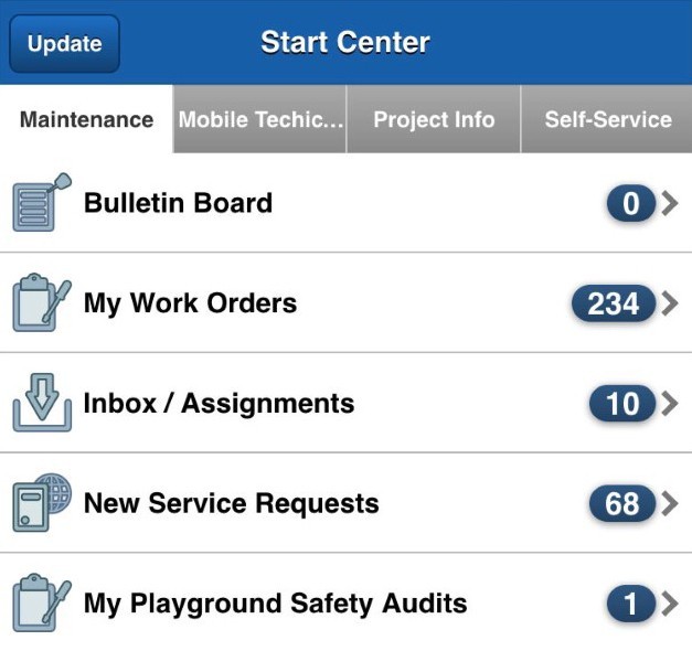 Screenshot of EzMaxMobile screen with a list of options to view and address work orders 