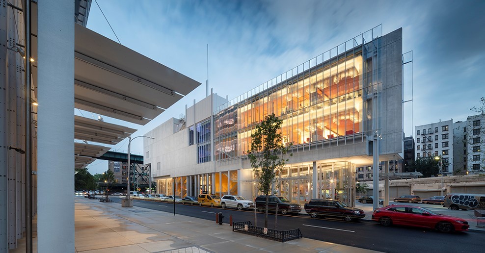 Photo: Nic Lehoux The side of The Forum with a large glass facade