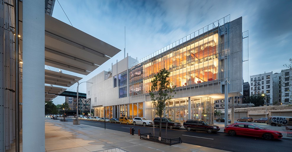 The side of The Forum with a large glass facade