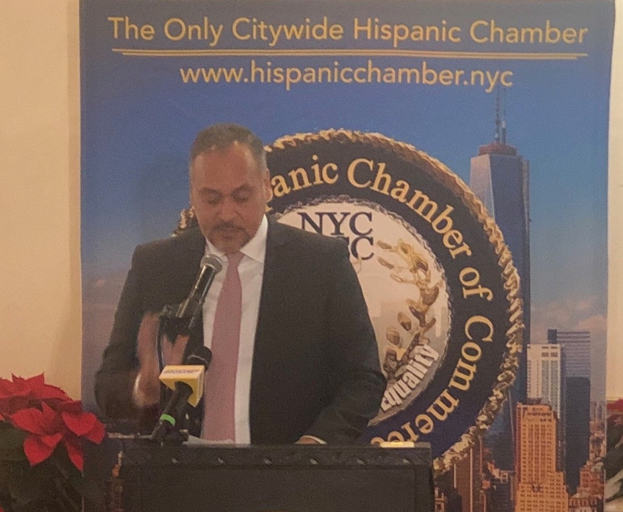 Marcelo Velez, vice president of Manhattanville Development, giving an acceptance speech