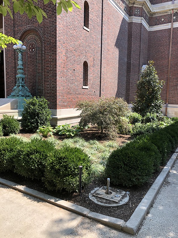 The Grounds team landscaped areas around St. Paul's Chapel after the scaffolding was taken down. Landscaping around the corner of St. Paul's Chapel.