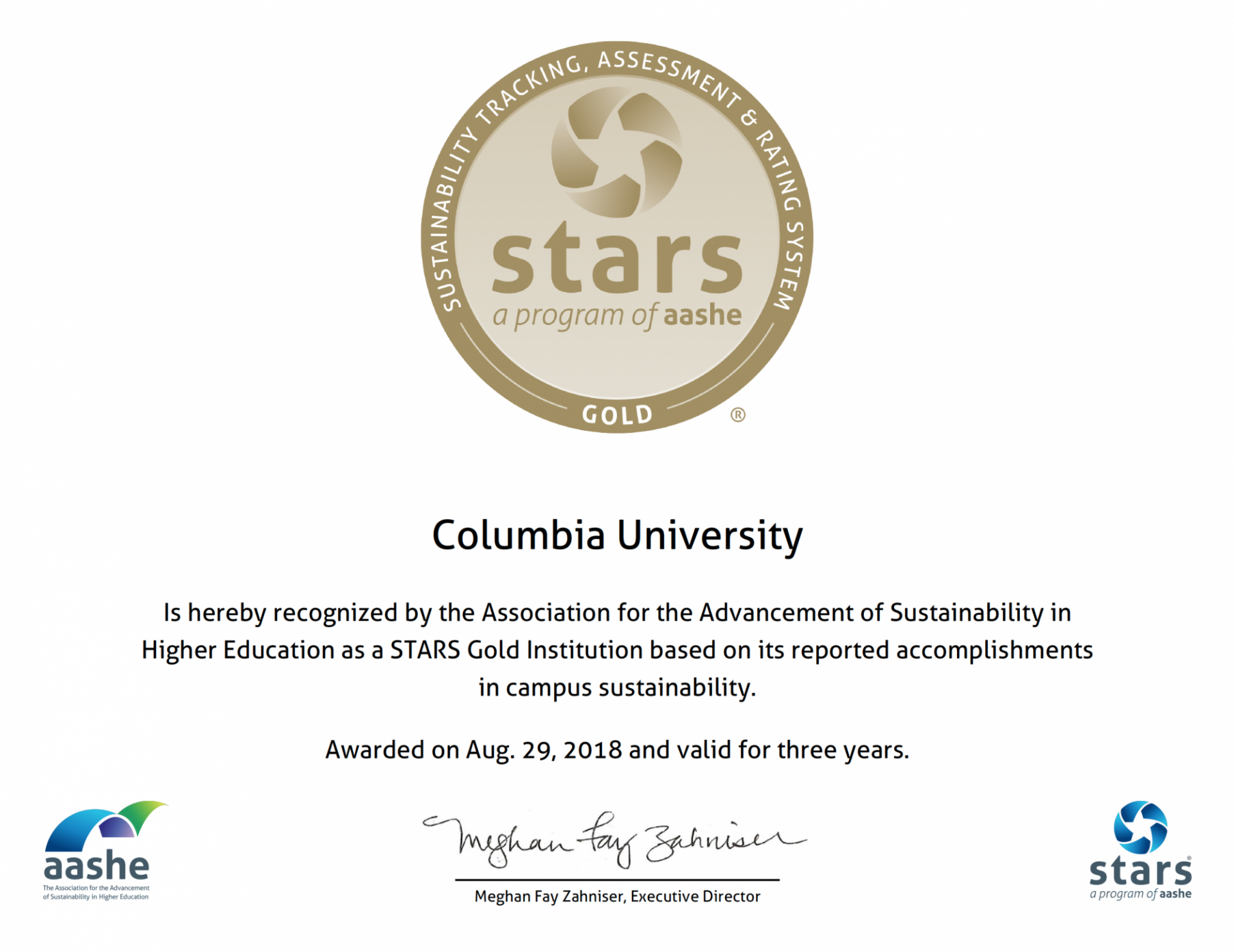 STARS certificate awarded to Columbia for its ccomplishments in campus sustainablity