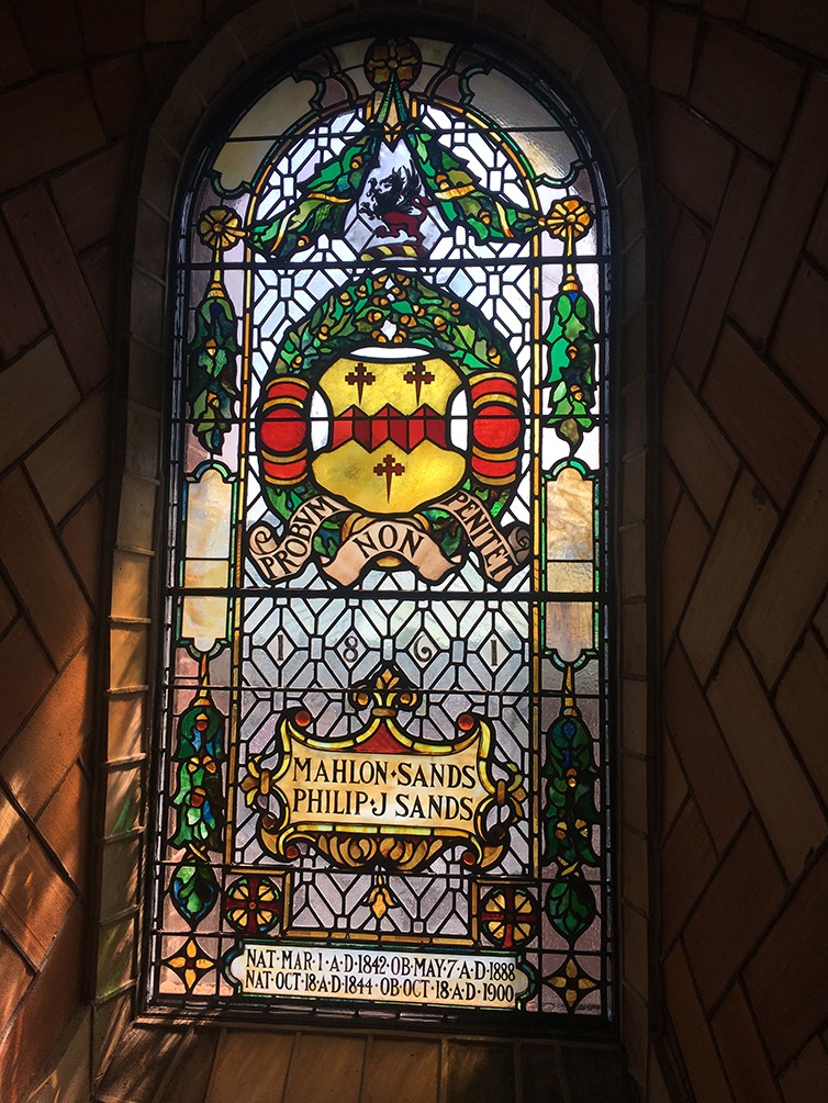 A restored stained-glass windows inside of the dome of the chapel.