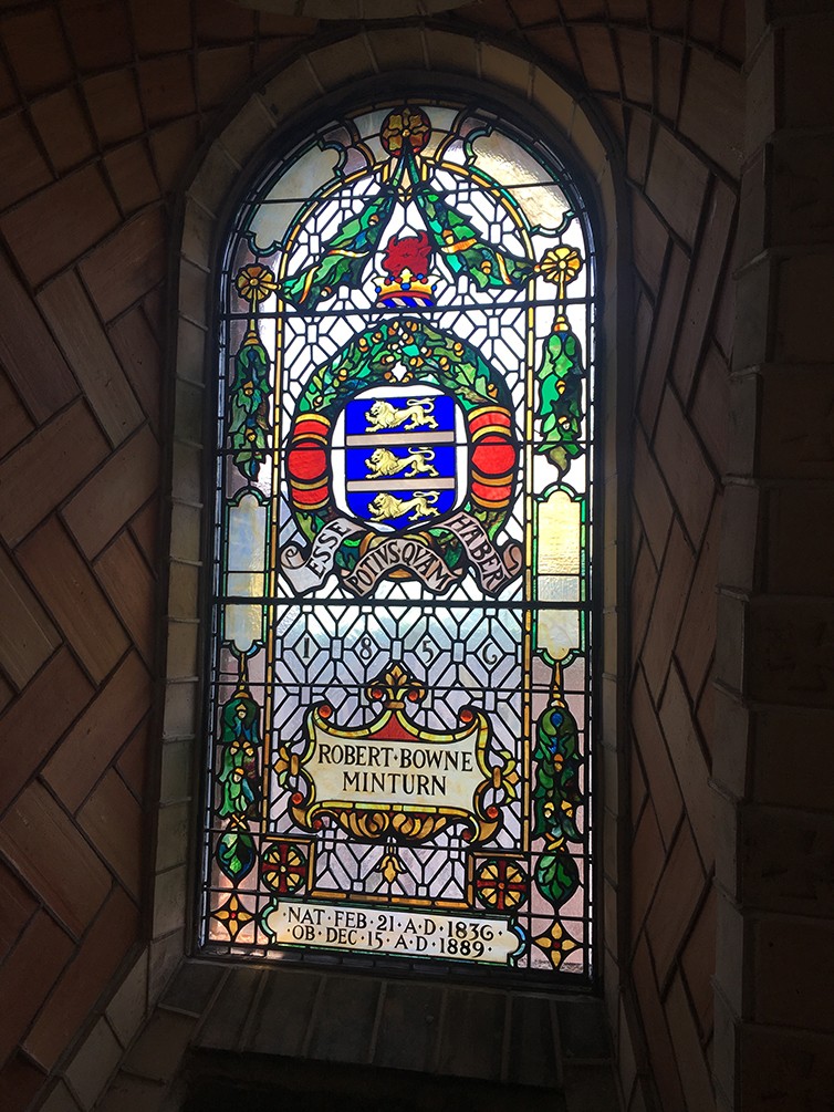 A restored stained-glass windows inside of the dome of the chapel.