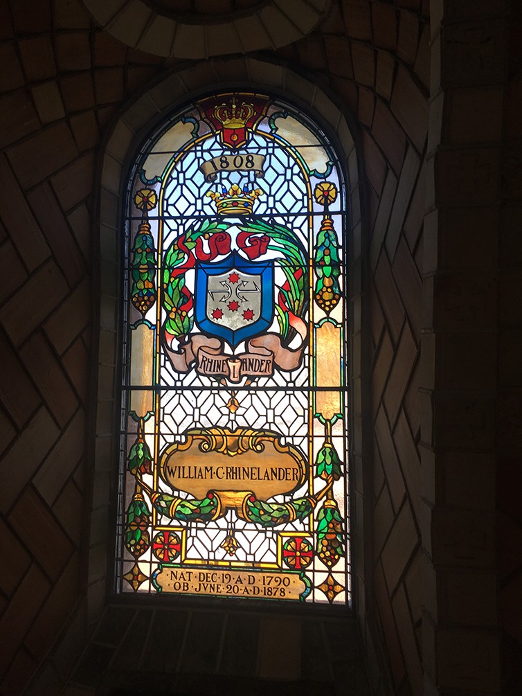 A restored stained-glass windows inside of the dome of the chapel.