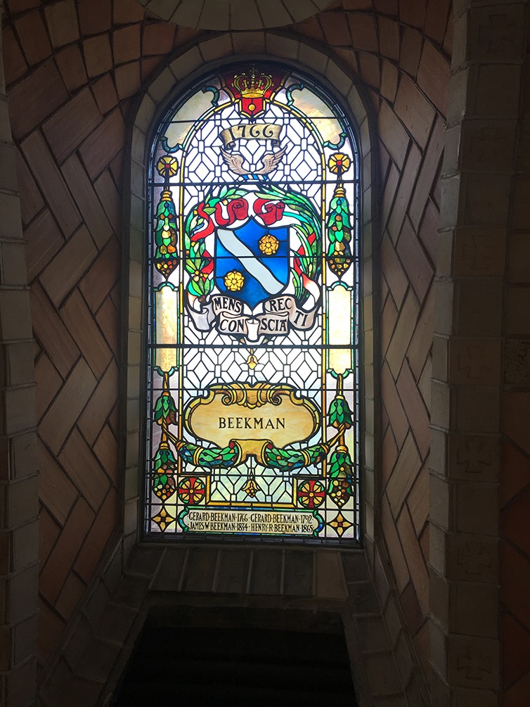 A restored stained-glass windows inside of the dome of the chapel.