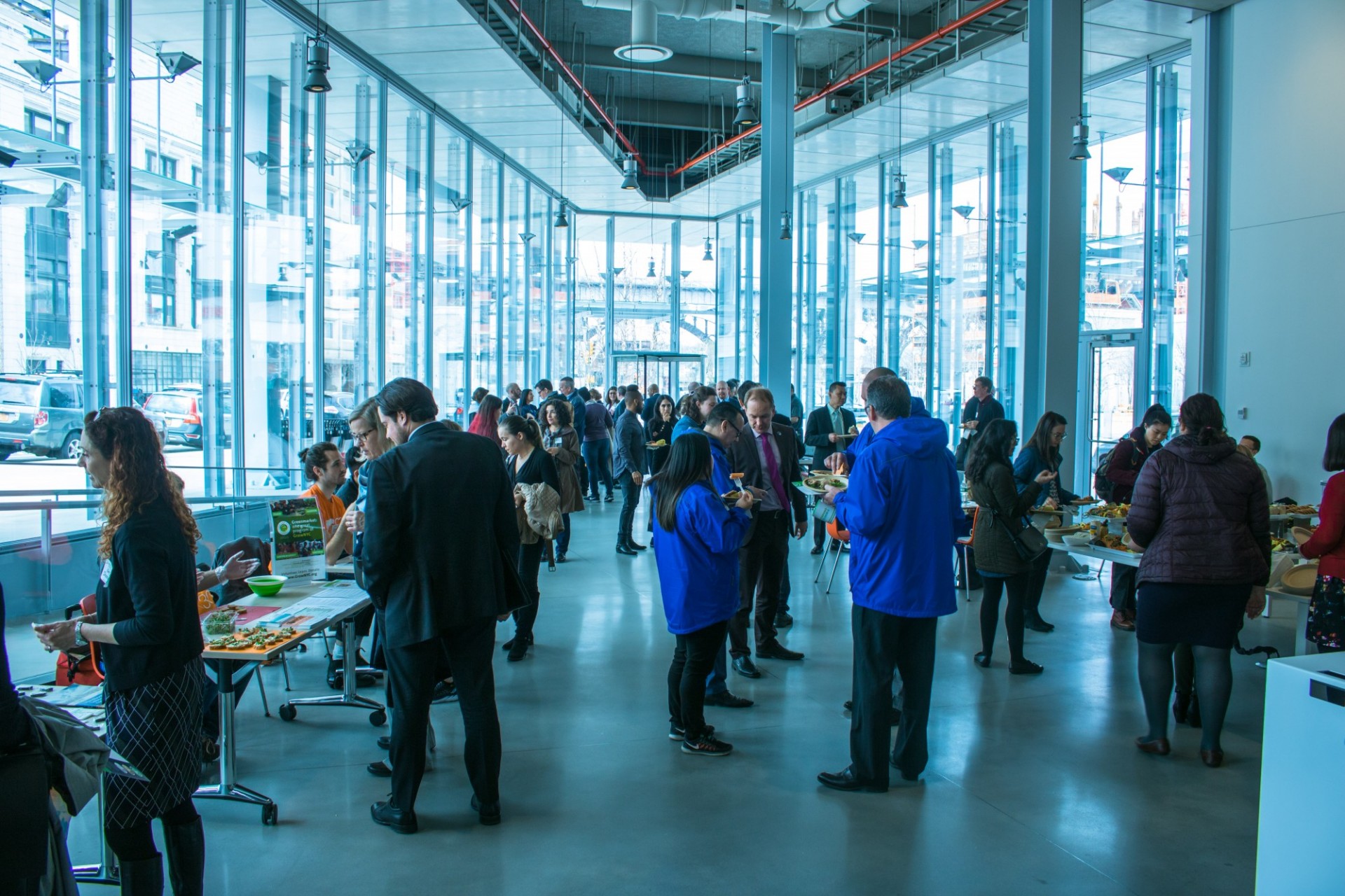 The Campus Sustainability Fair was held in The Forum, Columbia's newest LEED certified building, located at the Manhattanville campus. A crowd of people sampling different items from the vendors who participated in the Campus Sustainability Fair