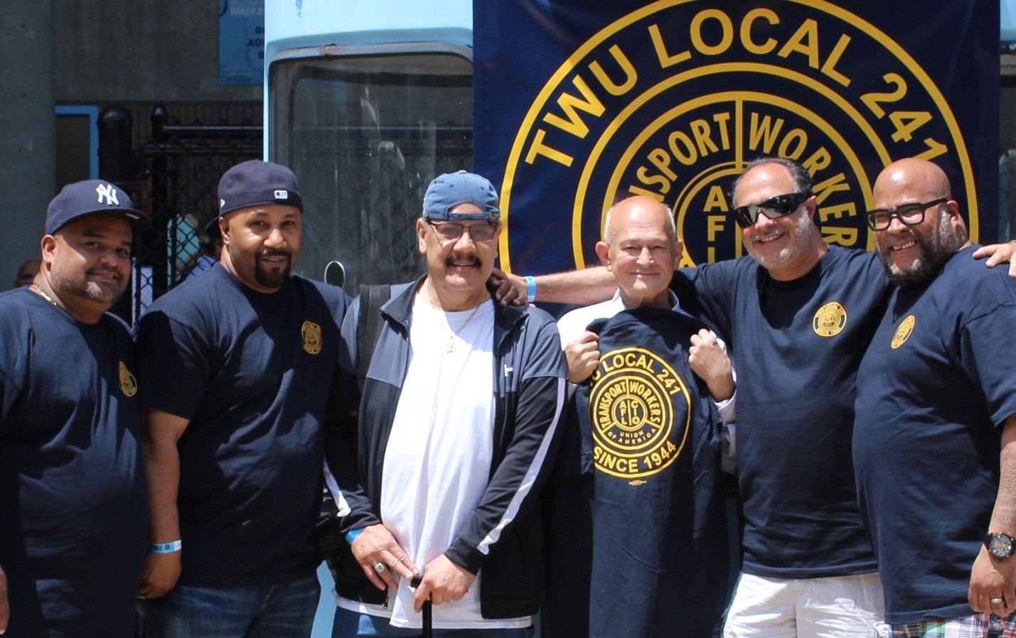 TWU Local 241 leadership and long-term members share a moment at the 75th Anniversary celebration June 22 at Baker Athletics Complex. From left: Alex Molina, President; Scotty Morris, Vice President; Cedilio Maldonado, CUIMC Mechanic A, who started at Columbia in December 1974; Tanveer Iqbal, Manhattanville Public Safety Officer, who started in November 1974, Dino Centrone, Treasurer; and Raymond Torres, Recording Secretary.