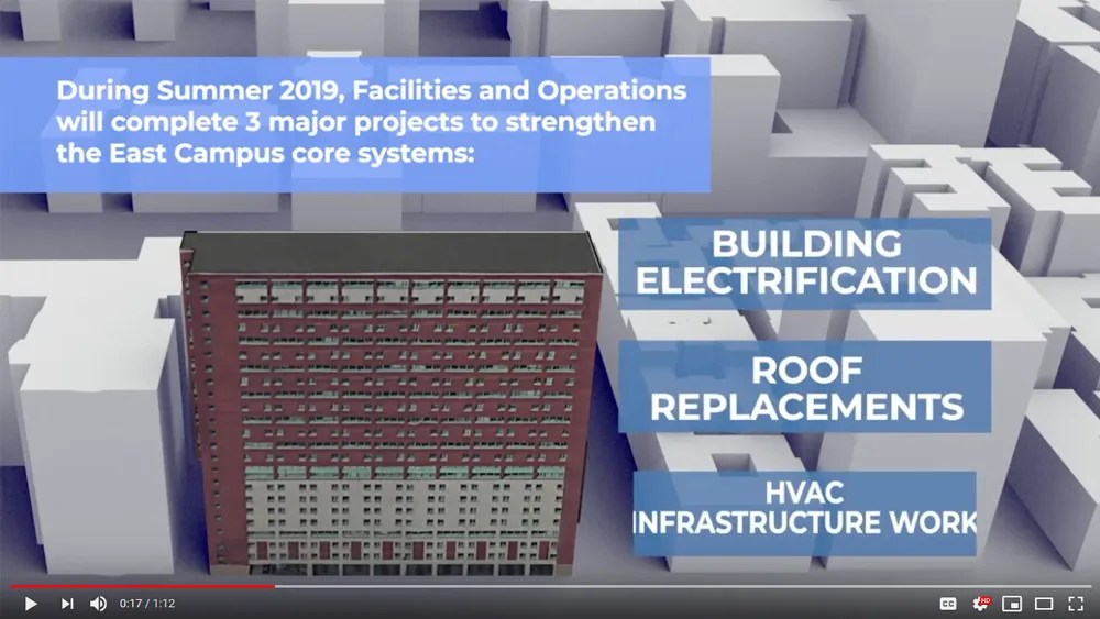 Screenshot of a video showing the work that was performed at East Campus during Summer 2019, with text reading "During Summer 2019, Facilities and Operations will complete 3 major projects to strengthen the East Campus core systems: building electrification, roof replacements, HVAC infrastructure work"