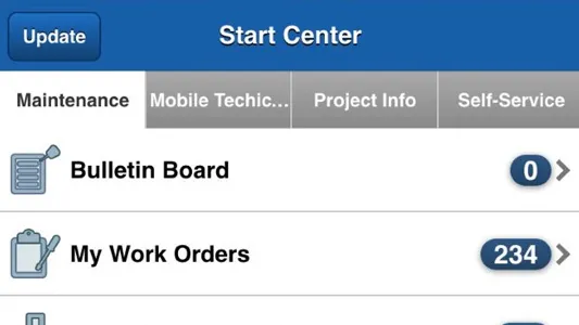 Screenshot of EzMaxMobile with a list of options to manage work orders