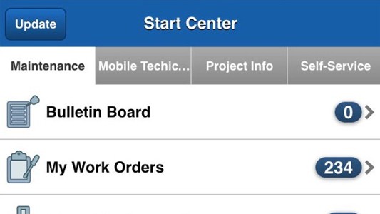 Screenshot of EzMaxMobile with a list of options to manage work orders
