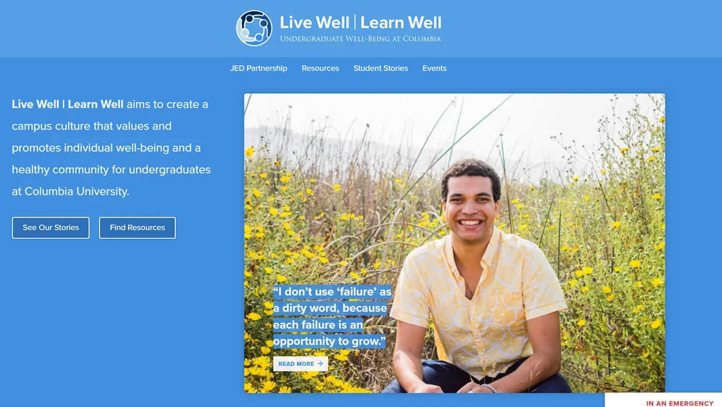Screenshot of the Live Well | Learn Well website, with a blue background, and a photo of a smiling man next to a bunch of flowers.