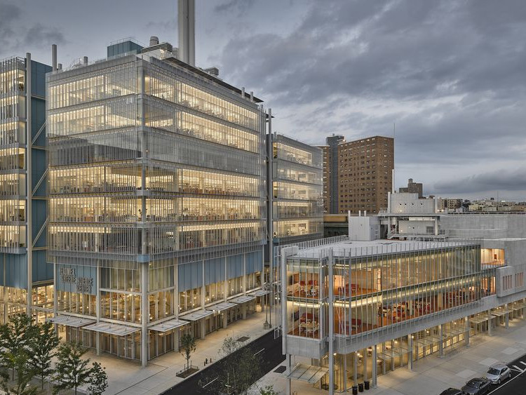 Jerome L. Greene Science Center and The Forum looking northeast on a cloudy day