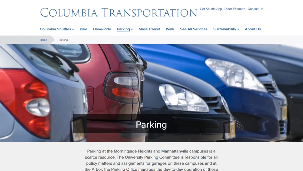 Screenshot of the Parking webpage, with a picture full of cars and information about parking at the Columbia Morningside and Manhattanville campuses